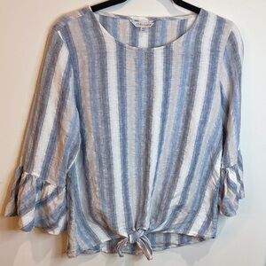 John Mark 100% Linen Blue and White High/Low Striped Blouse with Front Tie, XS